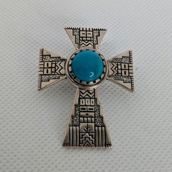 Sterling Silver Carolyn Pollack Southwest Turquoise Cross Enhancer Pendant - Picture 1 of 6